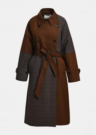 Brown and dak grey colour-block trench coat
