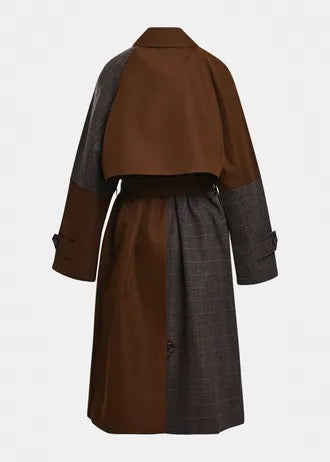 Brown and dak grey colour-block trench coat