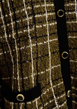 Khaki and off-white checked knit cardigan with black contrasting trims