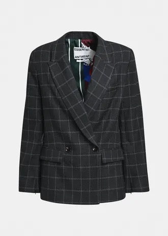 Dark grey and off-white checked double-breasted blazer with underarm zip detail