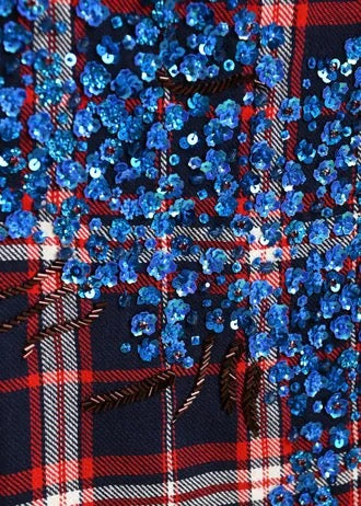 Gonna midi a quadri blu navy, rossi e bianco off-white con decorazioni di paillettes
