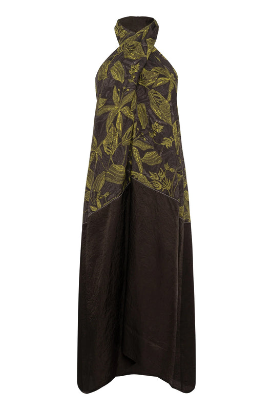 Abito lungo halter neck in ramie con stampa floreale verde