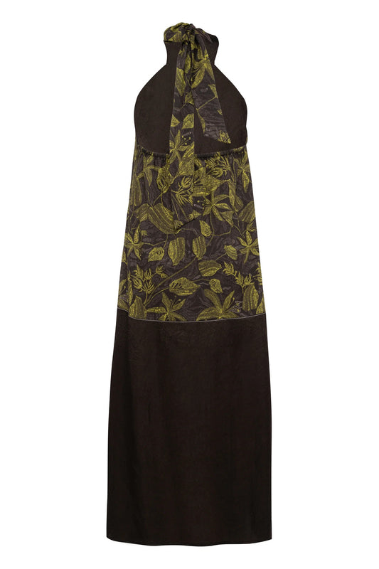 Abito lungo halter neck in ramie con stampa floreale verde