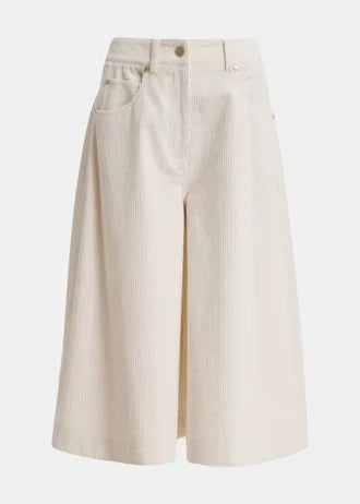 Bermuda a gamba larga in velluto a coste color bianco off-white