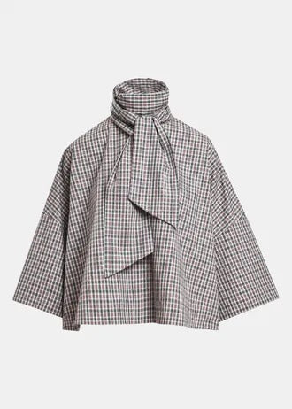 Brown, dark grey and off-white checked pussy-bow top with trumpet sleeves