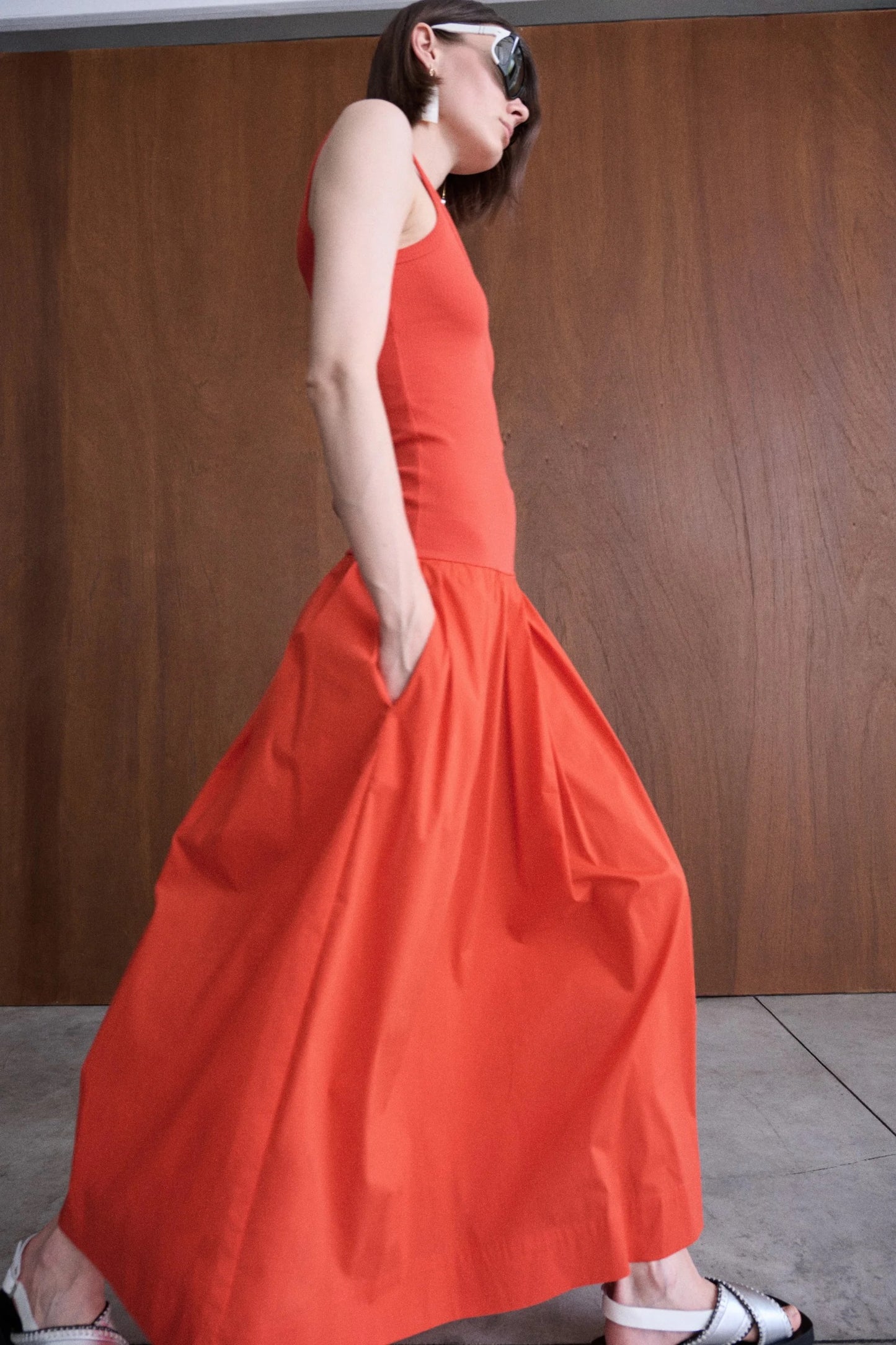 Sleeveless Red Ribbed Cotton Jersey Maxi Dress With Pleated Skirt