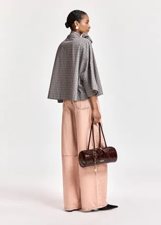 Brown, dark grey and off-white checked pussy-bow top with trumpet sleeves