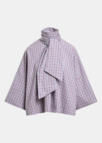 Light blue and dark red checked pussy-bow top with trumpet sleeves