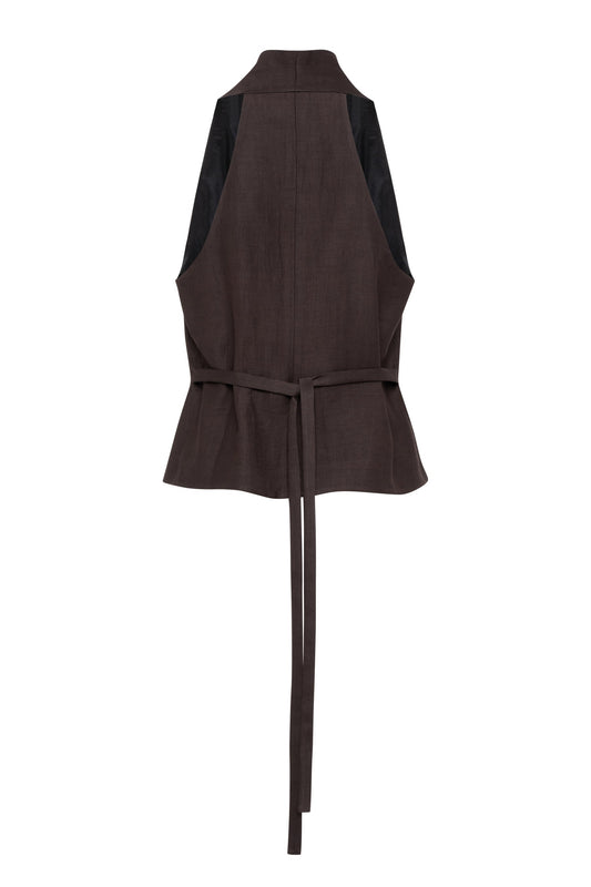 Gilet con bottoni in lino-viscosa colore marrone cioccolato