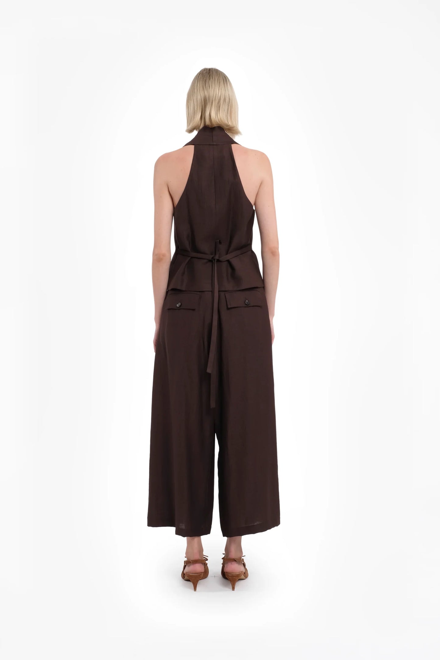 Gilet con bottoni in lino-viscosa colore marrone cioccolato