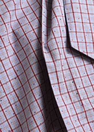 Light blue and dark red checked pussy-bow top with trumpet sleeves