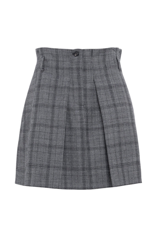 Checked Wool Pleated Mini Skirt With Fitted Waist
