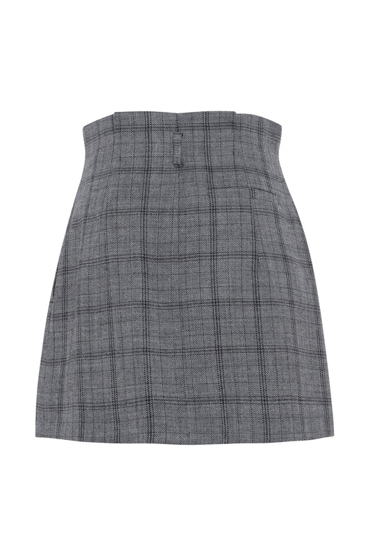 Checked Wool Pleated Mini Skirt With Fitted Waist
