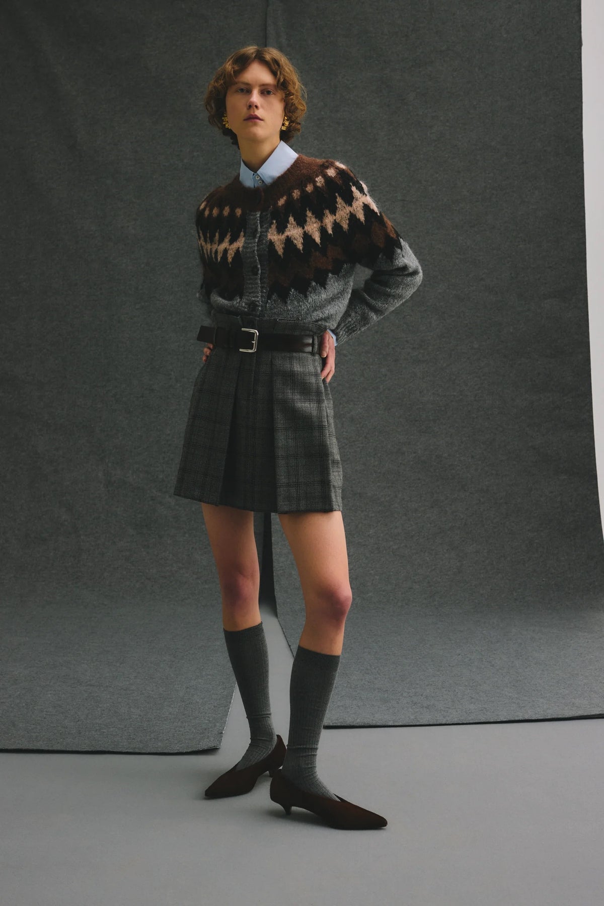 Checked Wool Pleated Mini Skirt With Fitted Waist
