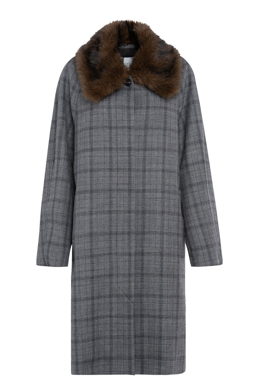 Cappotto lungo a quadri in lana con collo in pelliccia