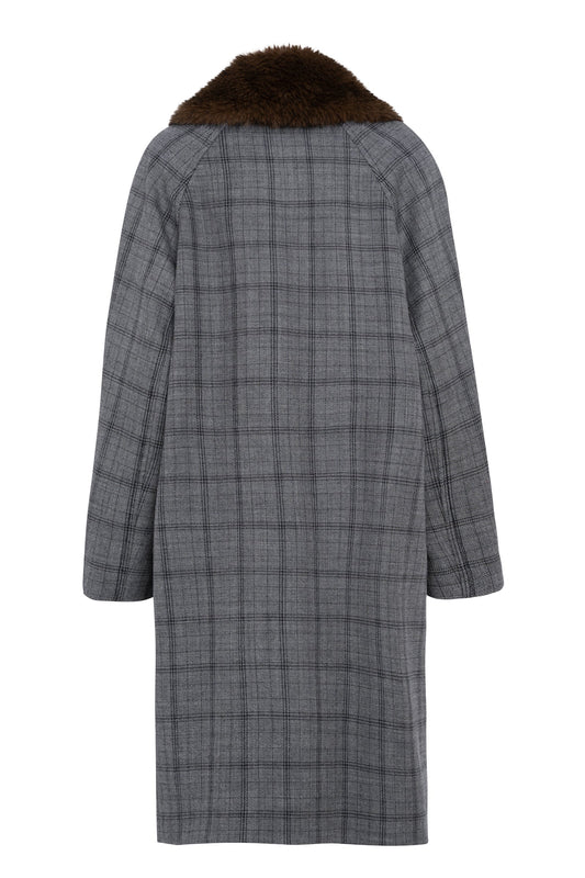 Cappotto lungo a quadri in lana con collo in pelliccia