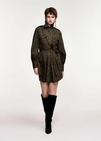 Khaki and black leopard-print mini shirt dress