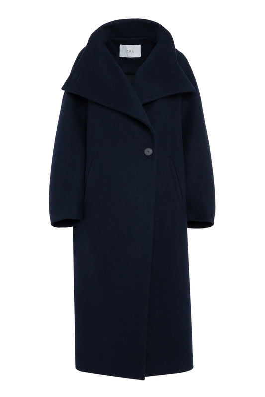Cappotto lungo in panno di lana blu scuro con collo ampio