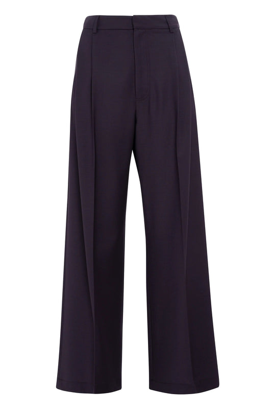 Pantaloni a gamba dritta viola scuro con pinces in lana tecnica