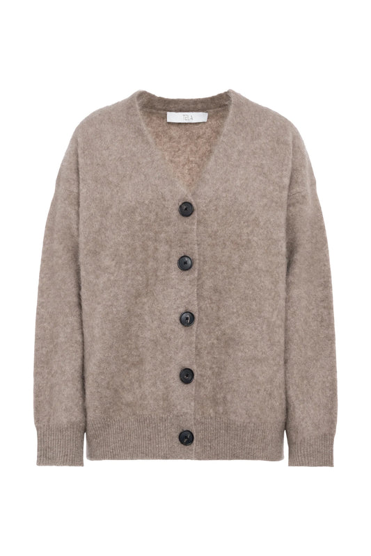 Cardigan a maniche lunghe con scollo a V in yak e lana garzati con bottoni