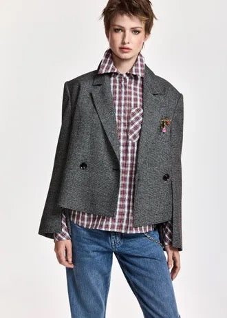 Grey and black cropped double-breasted checked blazer with underarm zip detail