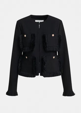 Black fitted jacket with fringe details and applicated pockets