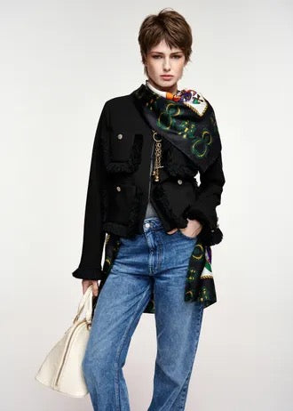 Black fitted jacket with fringe details and applicated pockets