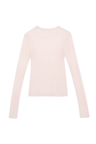 Top girocollo a maniche lunghe in tulle rosa cipria
