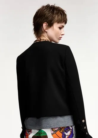 Black fitted jacket with fringe details and applicated pockets