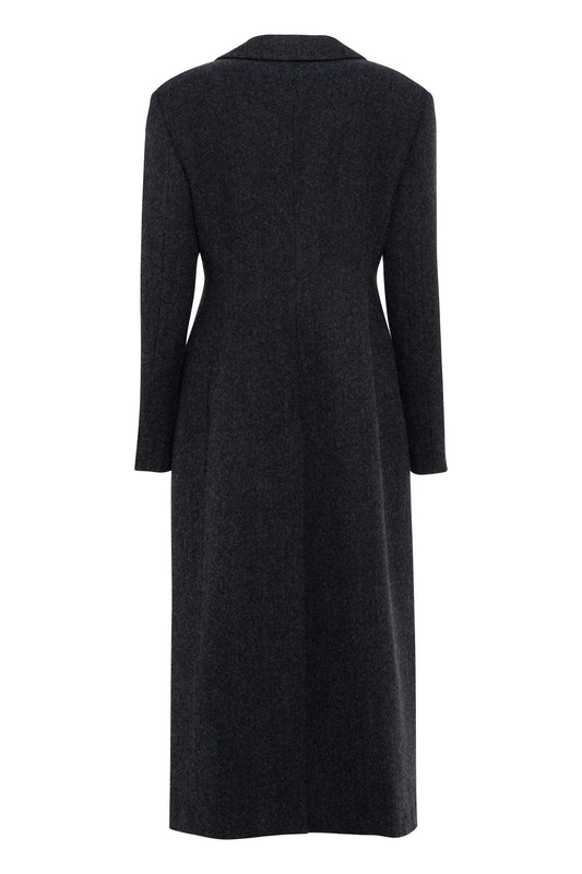 Cappotto lungo monopetto in tweed spinato con vita sartoriale colore grigio antracite