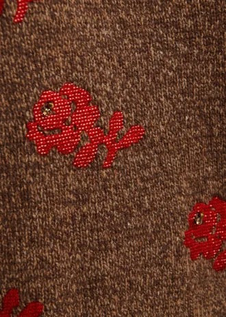 Maglione in lana jacquard a fantasia floreale marrone e rossa