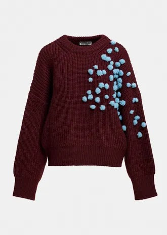 Burgundy and blue pompon-embellished knitted sweater