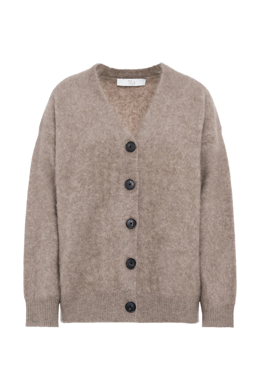 Cardigan a maniche lunghe con scollo a V in yak e lana garzati con bottoni