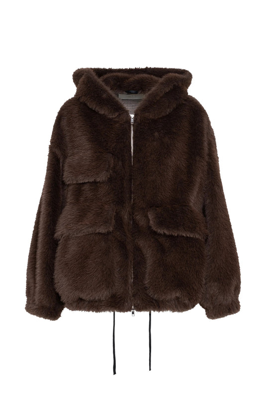 Giacca teddy marrone con zip e tasche ampie
