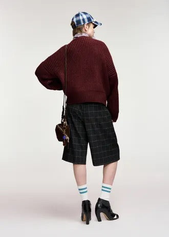 Burgundy and blue pompon-embellished knitted sweater