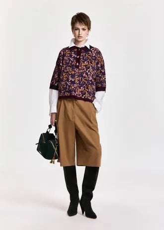 Camel pleated wide-leg bermuda pants