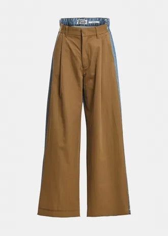 Brown and blue dual-fabric wide-leg pants