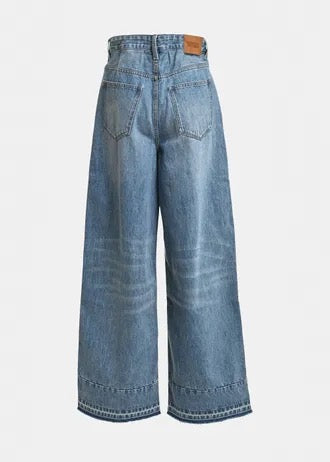 Brown and blue dual-fabric wide-leg pants