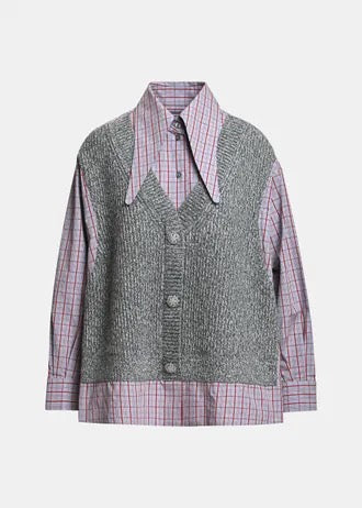 Grey, light blue and red layered knit vest shirt