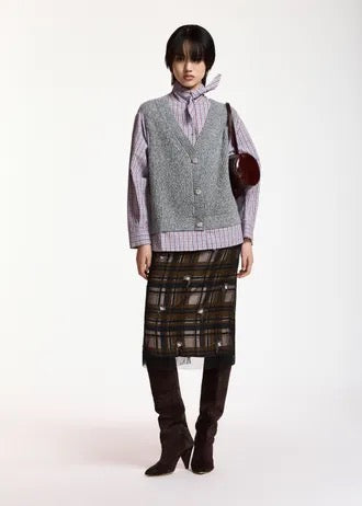Grey, light blue and red layered knit vest shirt