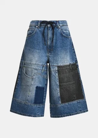 Dark blue and black dual-panel patchwork denim shorts