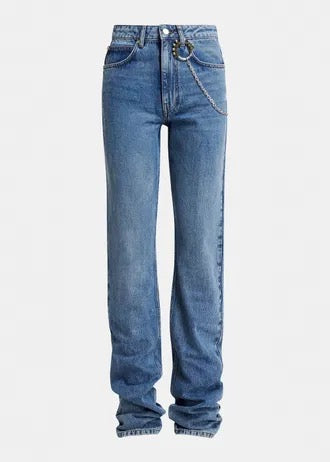 Blue organic cotton straight-leg jeans with ruched hem and detachable chain detial