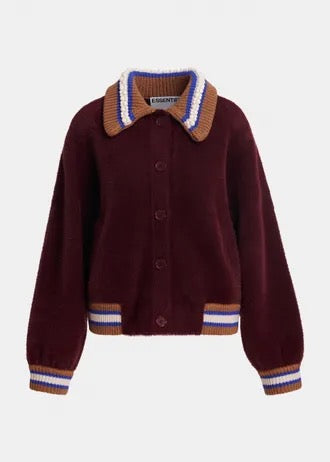 Burgundy cardigan with brown, blue and off-white embellished collar