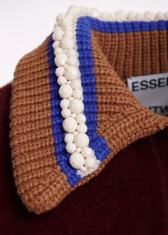Burgundy cardigan with brown, blue and off-white embellished collar
