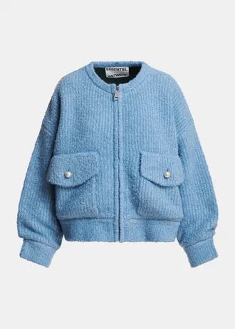 Light blue bouclé bomber with dark green removable faux fur collar