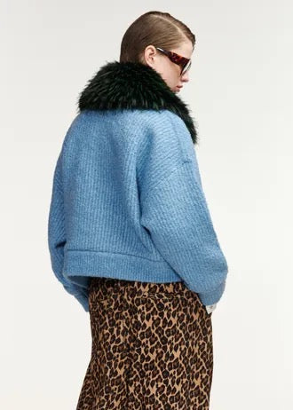 Light blue bouclé bomber with dark green removable faux fur collar