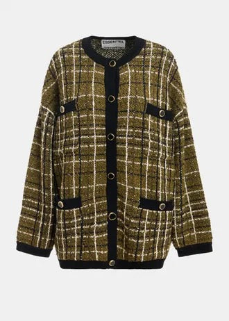 Khaki and off-white checked knit cardigan with black contrasting trims
