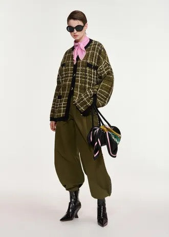 Khaki and off-white checked knit cardigan with black contrasting trims