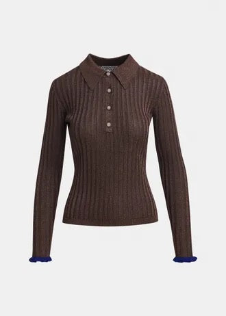 Brown metallic ribbed polo top