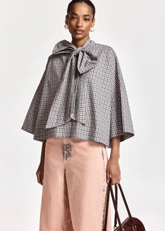 Brown, dark grey and off-white checked pussy-bow top with trumpet sleeves